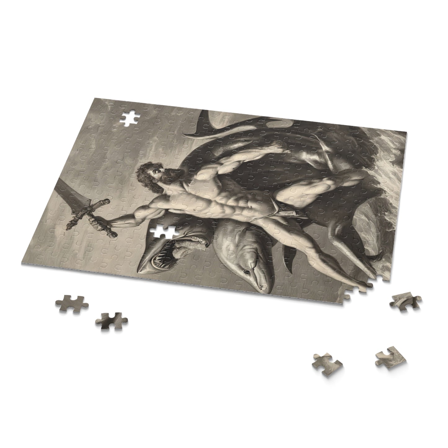 Hercules Fighting A Two Headed Shark Charcoal Drawing Jigsaw Puzzle