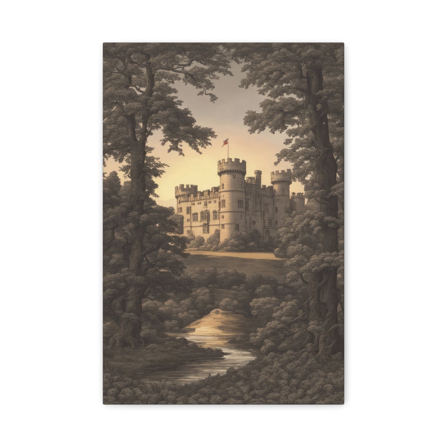 Warwick Castle in A Forest at Sunset Baroque Style Canvas Print