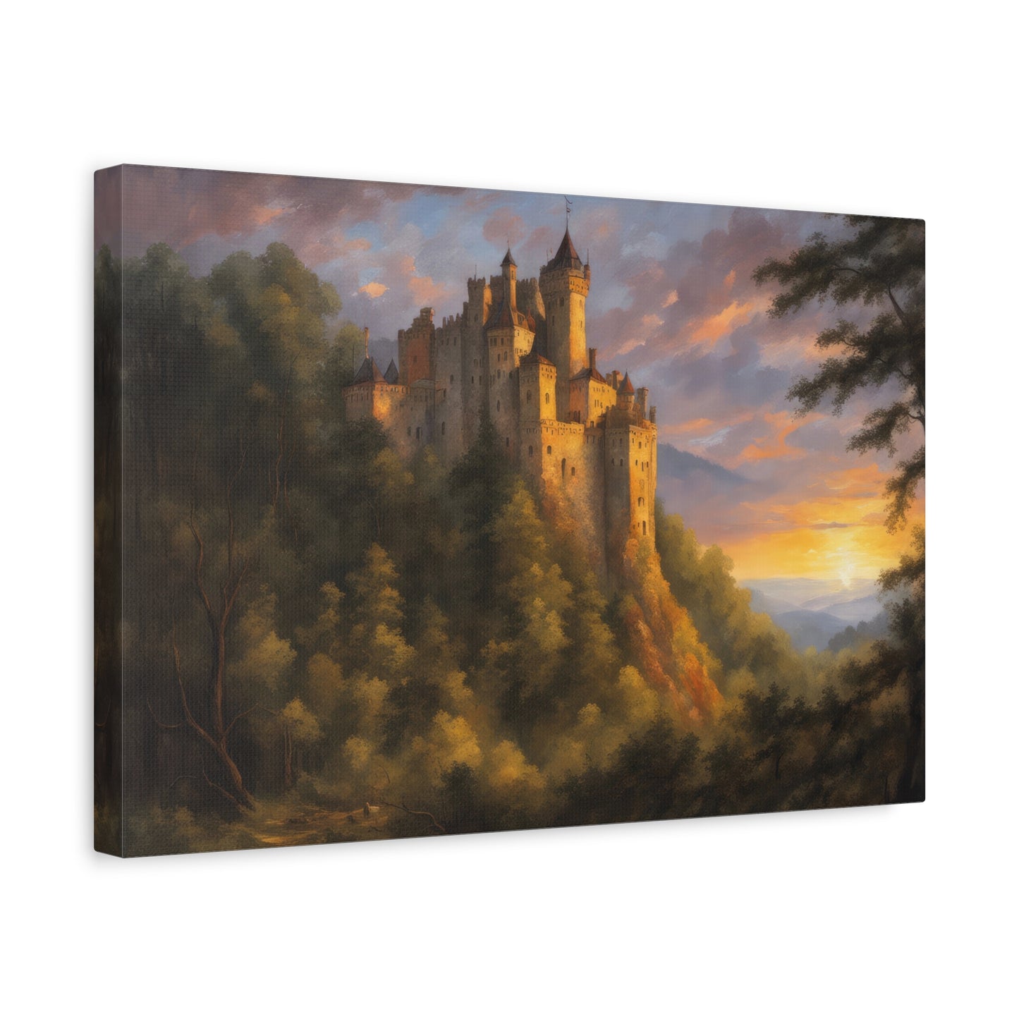 Castle in A Forest at Sunset Painting Canvas Print