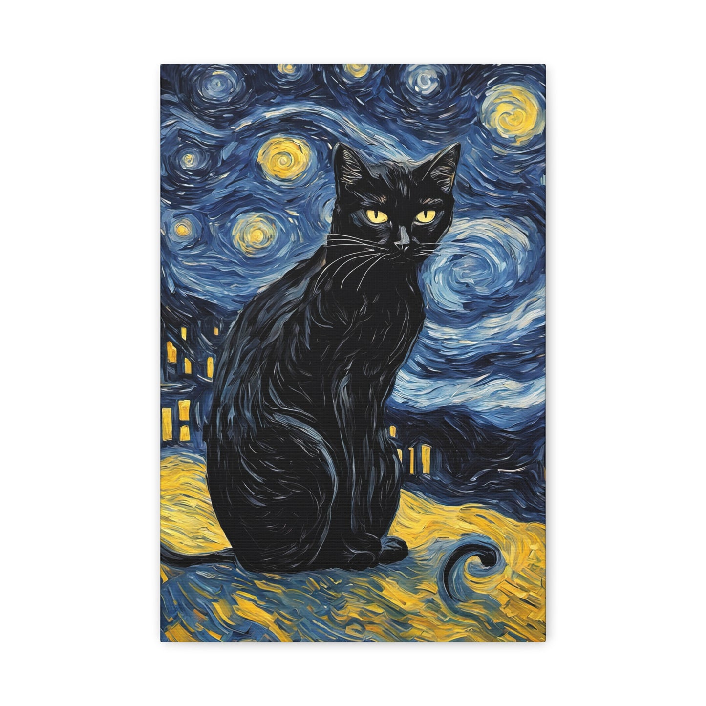 Black Cat on A Starry Night Painting Canvas Print