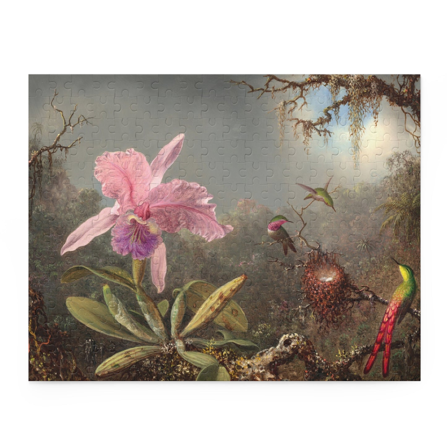 Cattleya Orchid and Three Hummingbirds by Martin Johnson Heade Jigsaw Puzzle