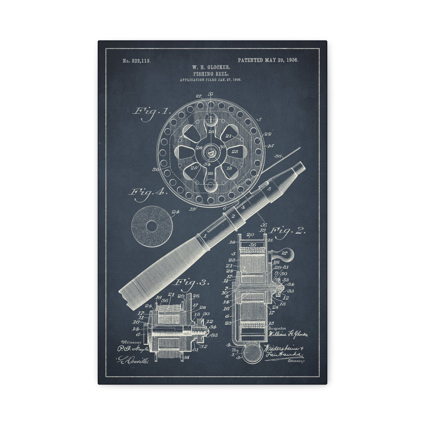 Fishing Reel Invention Patent Art Canvas Print
