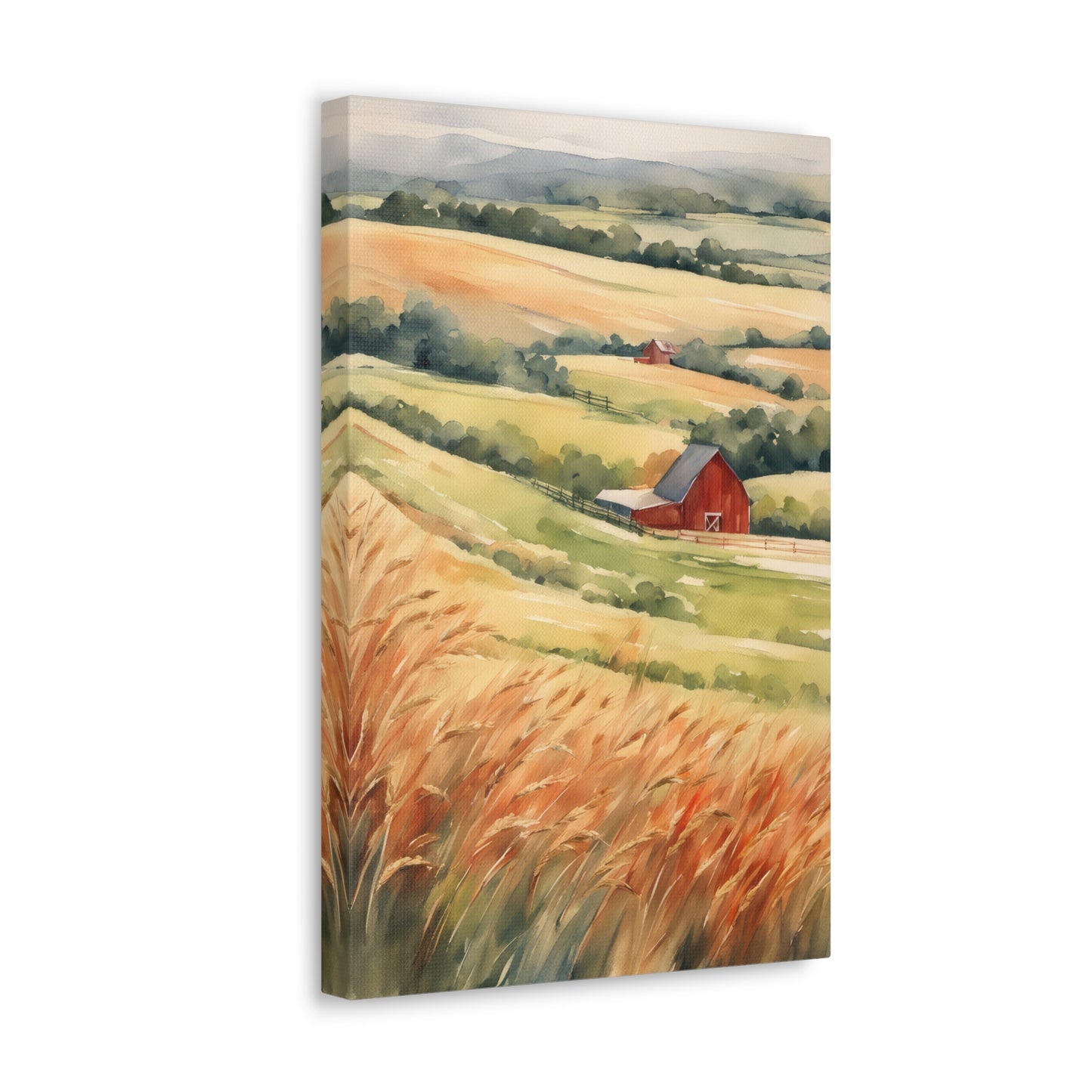 Red Barn on The Prairie Watercolor Painting Canvas Print
