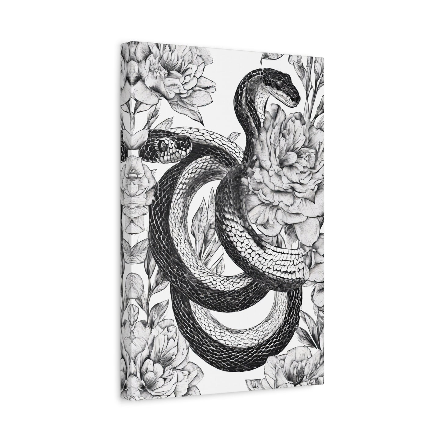 Snake Drawing with Floral Background Black and White Canvas Print