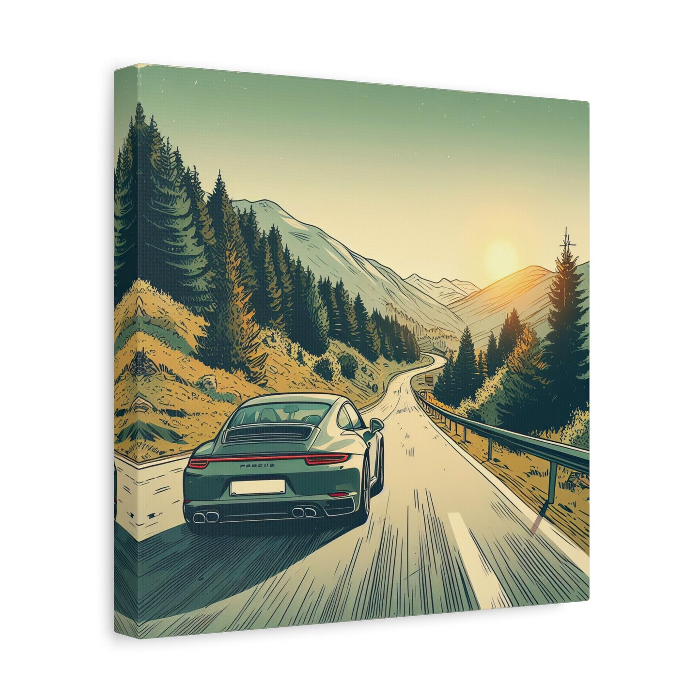 Porsche Driving Down A Mountain Road Illustration II Canvas Print