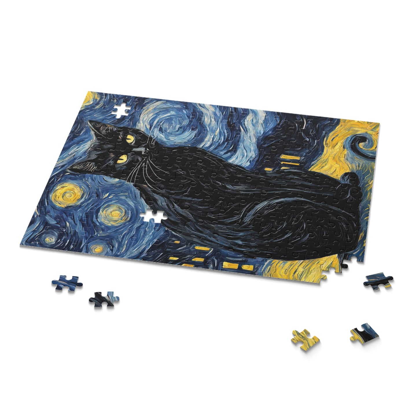 Black Cat on A Starry Night Painting Jigsaw Puzzle
