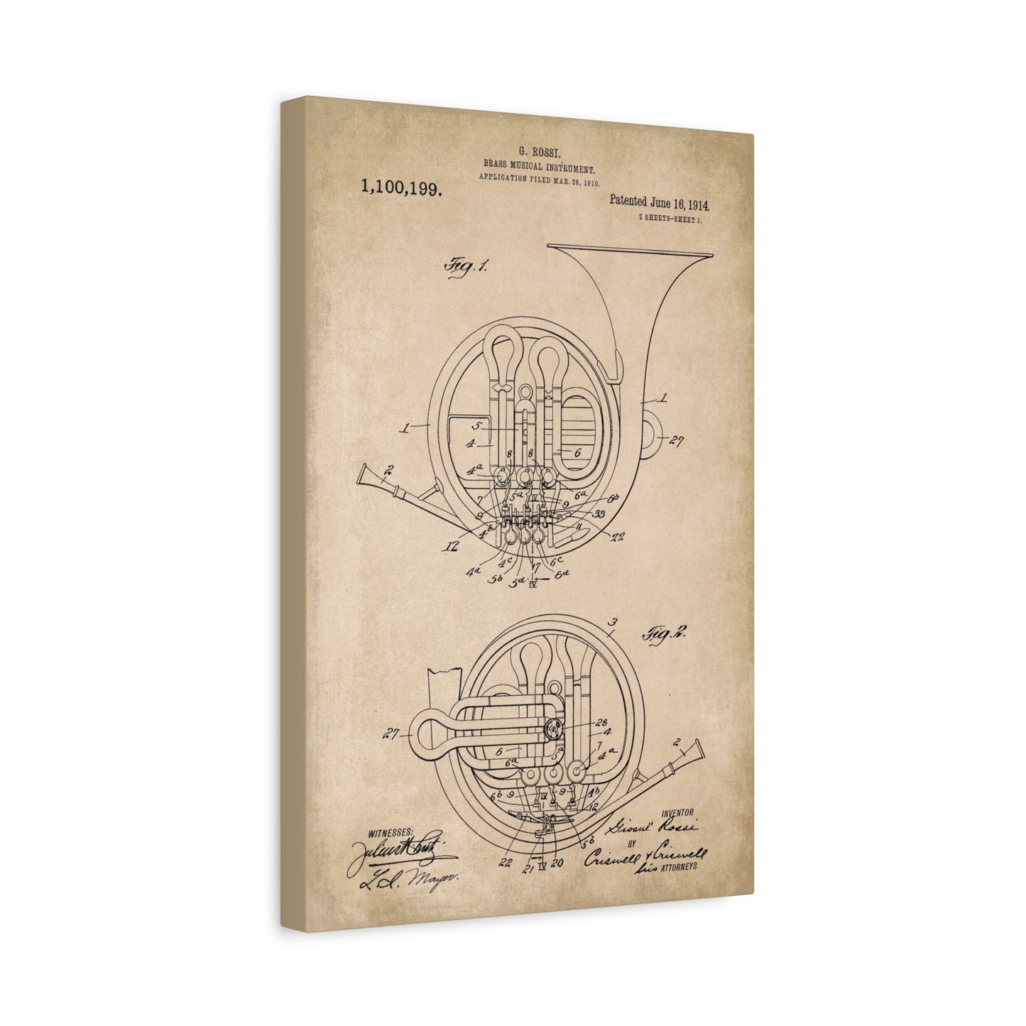 French Horn Musical Instrument Patent Art Canvas Print
