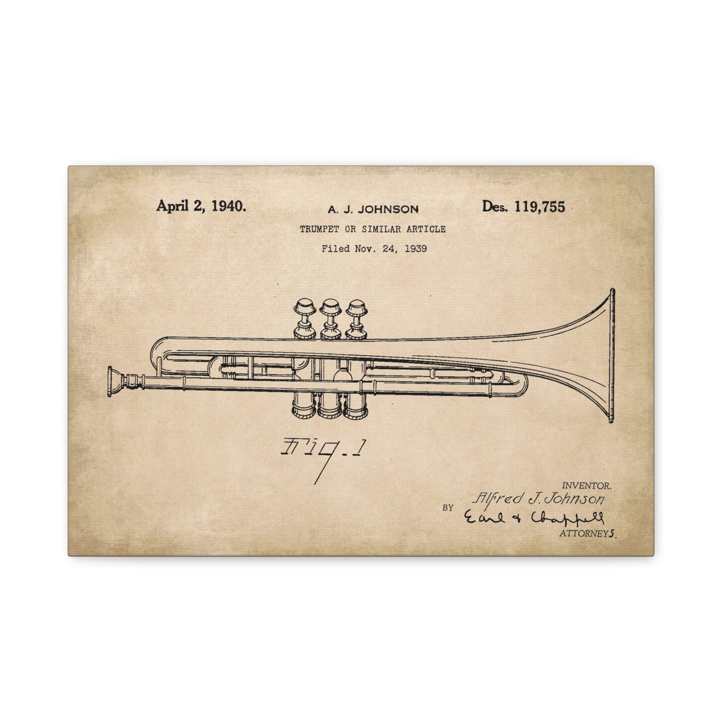 Trumpet Musical Instrument Patent Canvas Wall Art