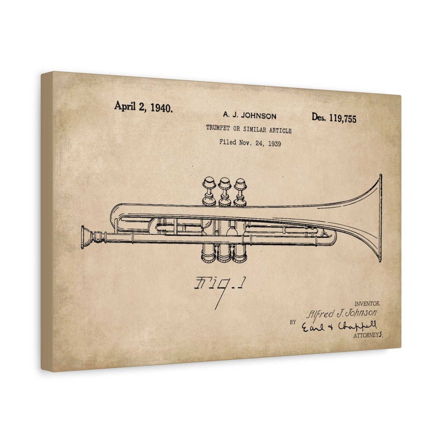 Trumpet Musical Instrument Patent Canvas Wall Art