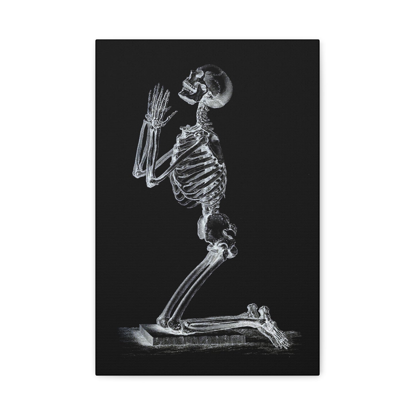 Praying Skeleton On Black Canvas Wall Art