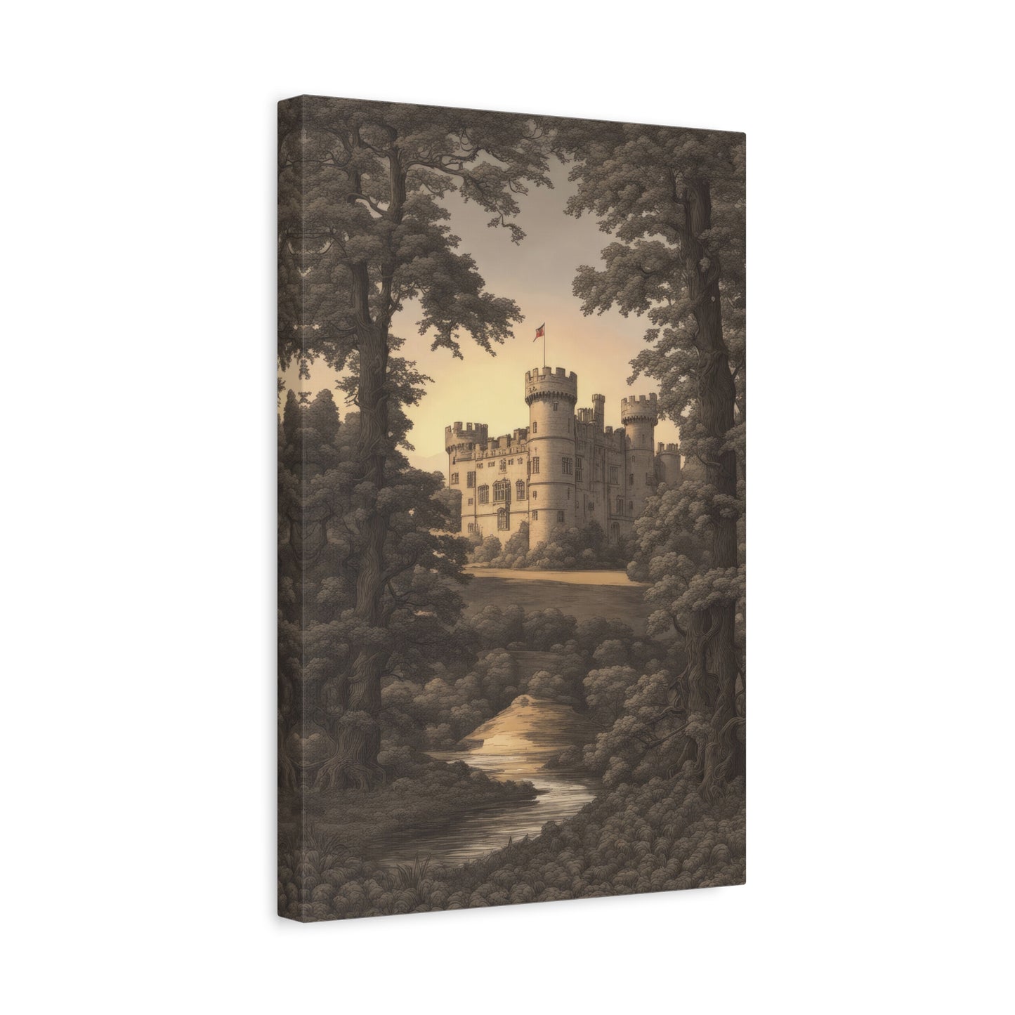 Warwick Castle in A Forest at Sunset Baroque Style Canvas Print