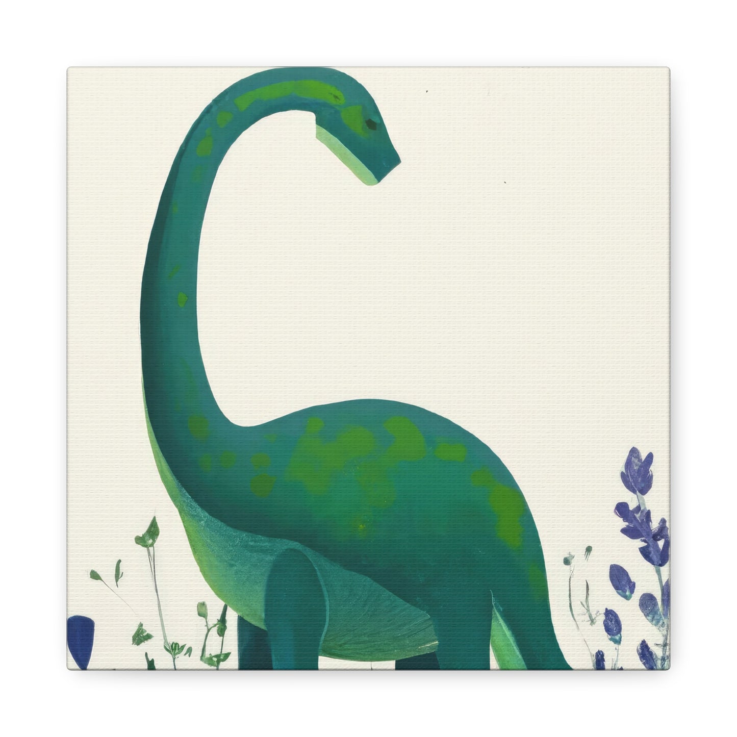 Green Dinosaur with Purple Flowers Painting Canvas Print