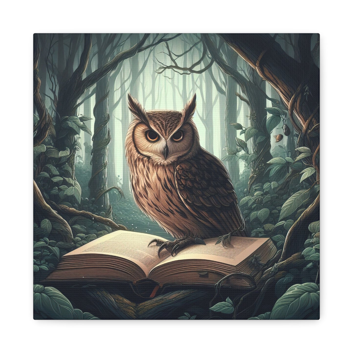 Owl Standing on an Open Book in The Forest Digital Painting Canvas Print