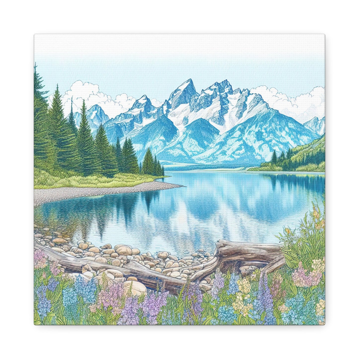 Jenny Lake at Grand Teton National Park Line Drawing II Canvas Print