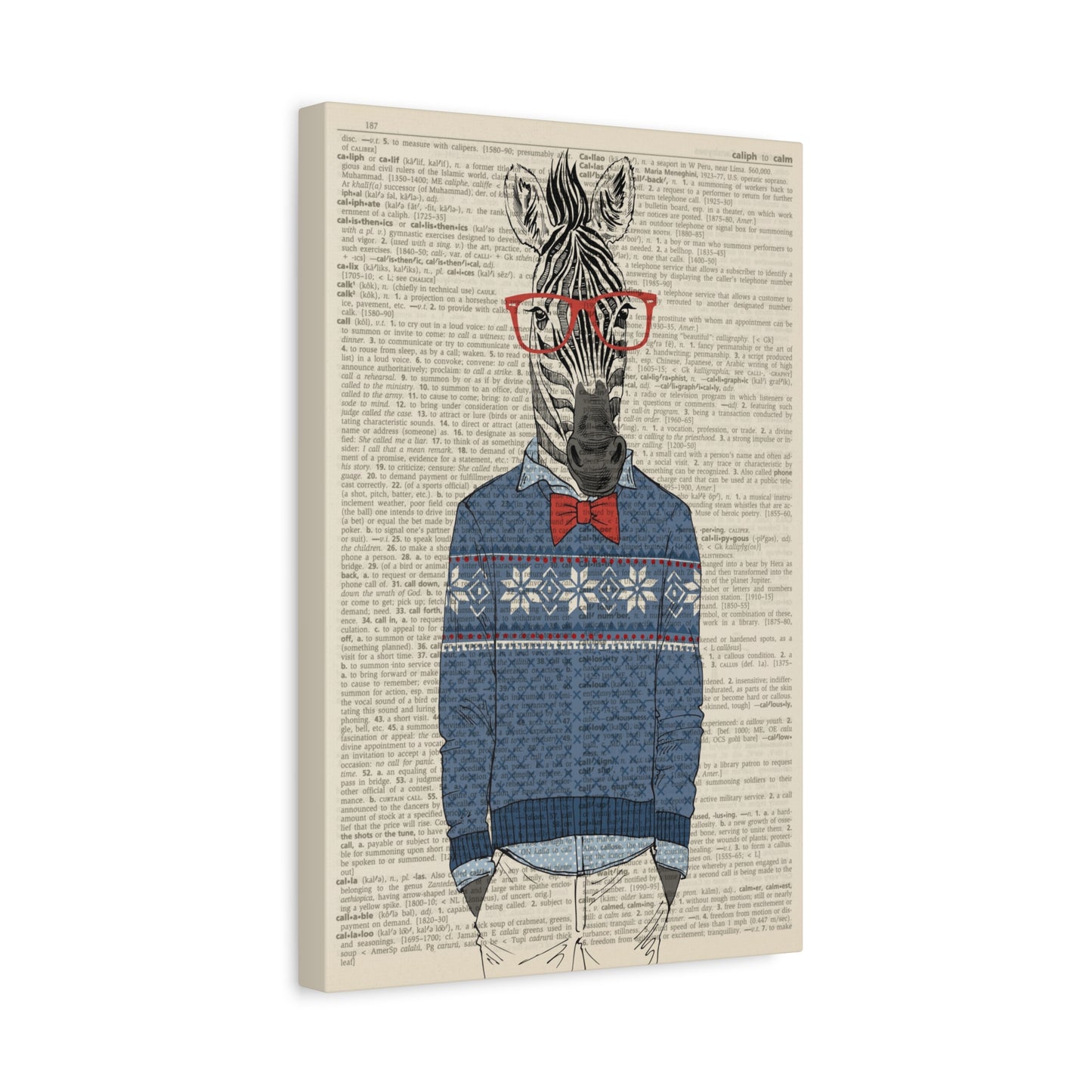 Zebra In A Winter Sweater (dictionary background) Canvas Wall Art