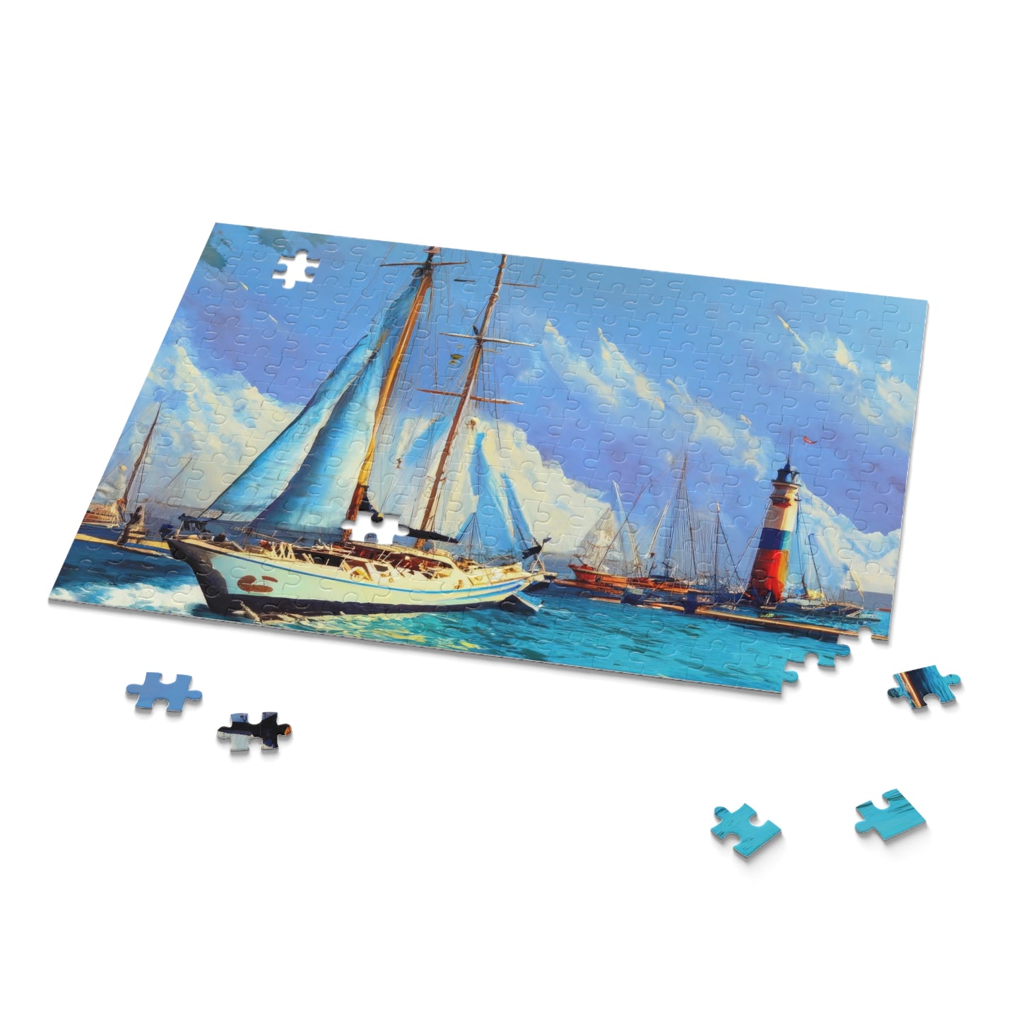 Sailboat and Lighthouse Oil Painting Jigsaw Puzzle
