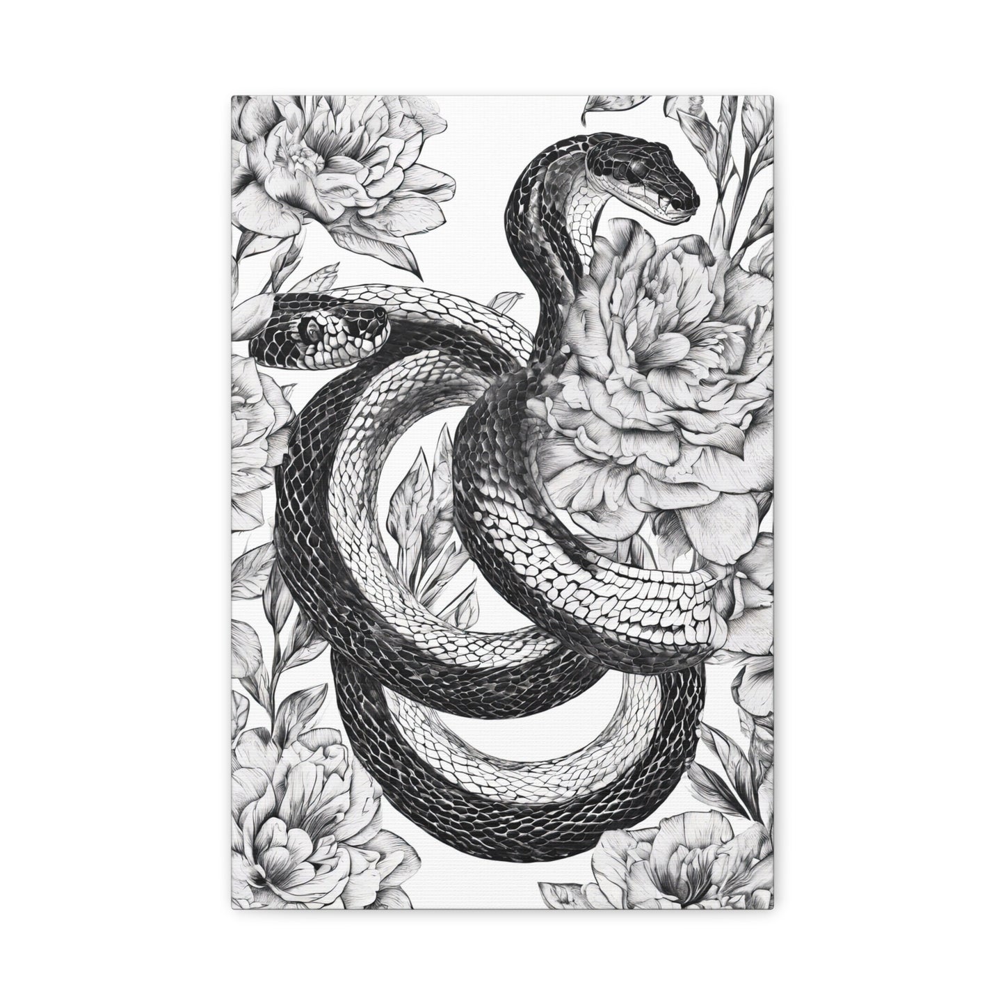 Snake Drawing with Floral Background Black and White Canvas Print