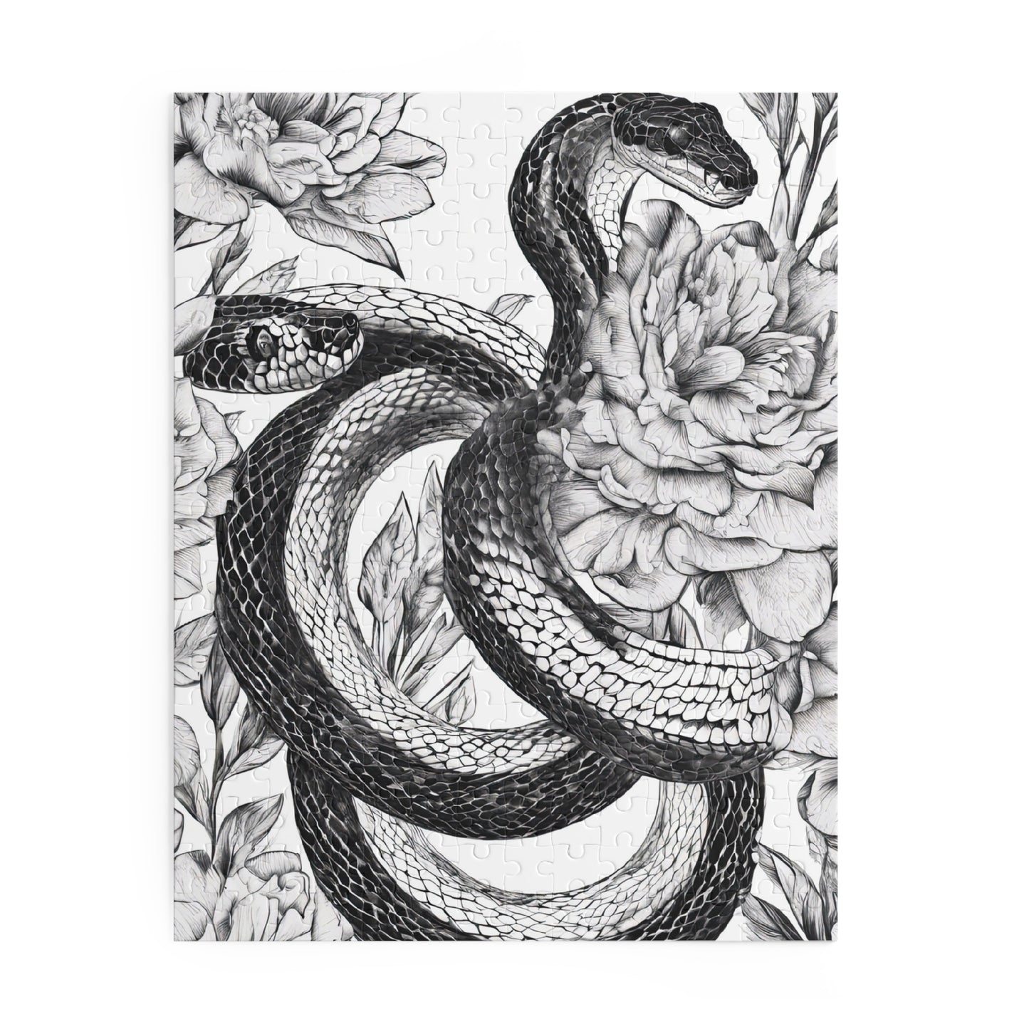 Snake Drawing with Floral Background Black and White Jigsaw Puzzle
