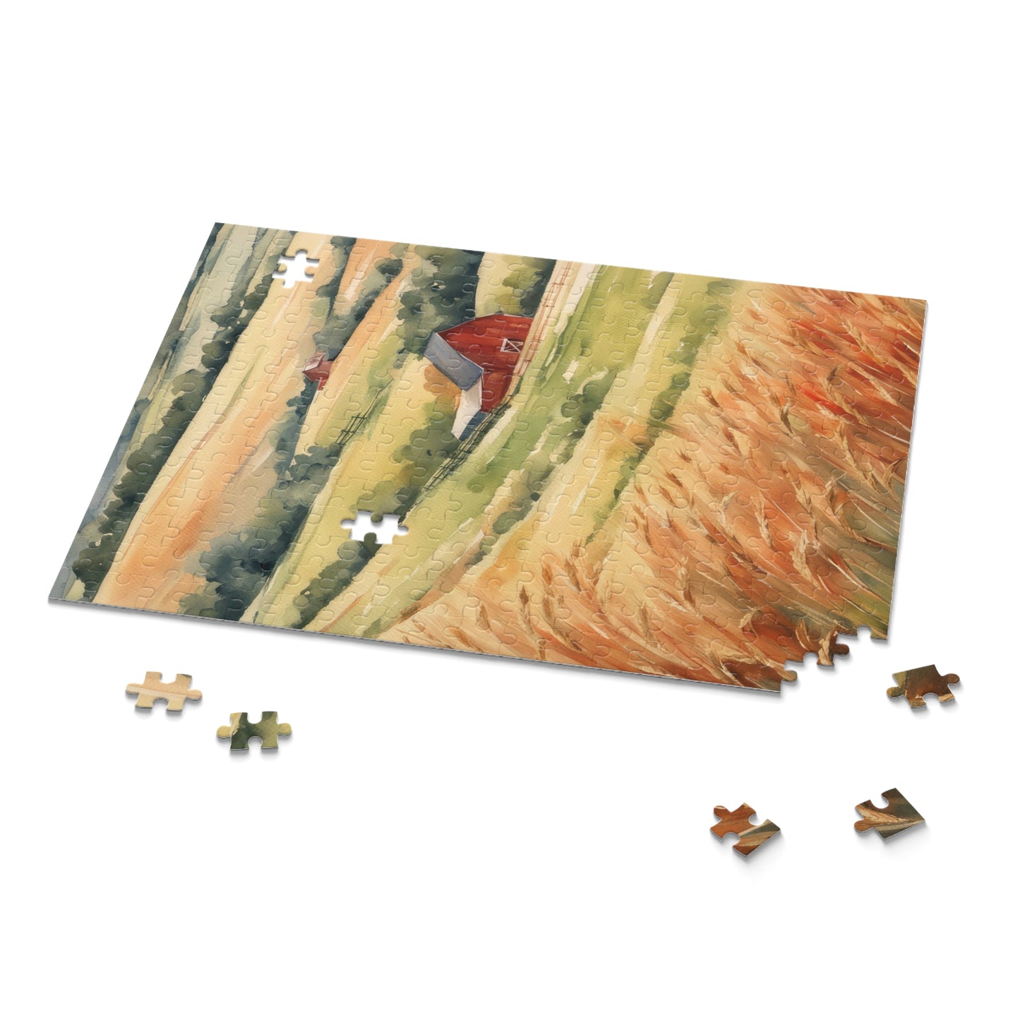 Red Barn on The Prairie Watercolor Painting Jigsaw Puzzle