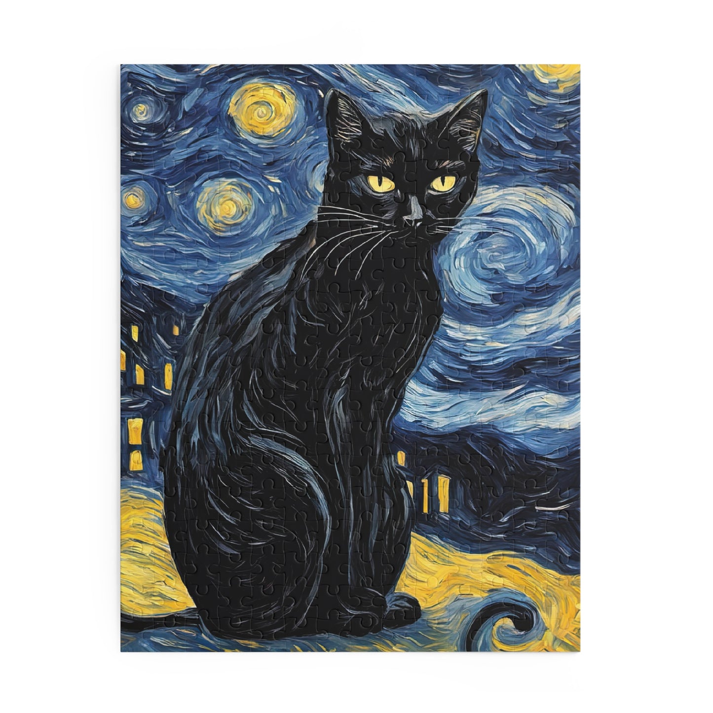 Black Cat on A Starry Night Painting Jigsaw Puzzle