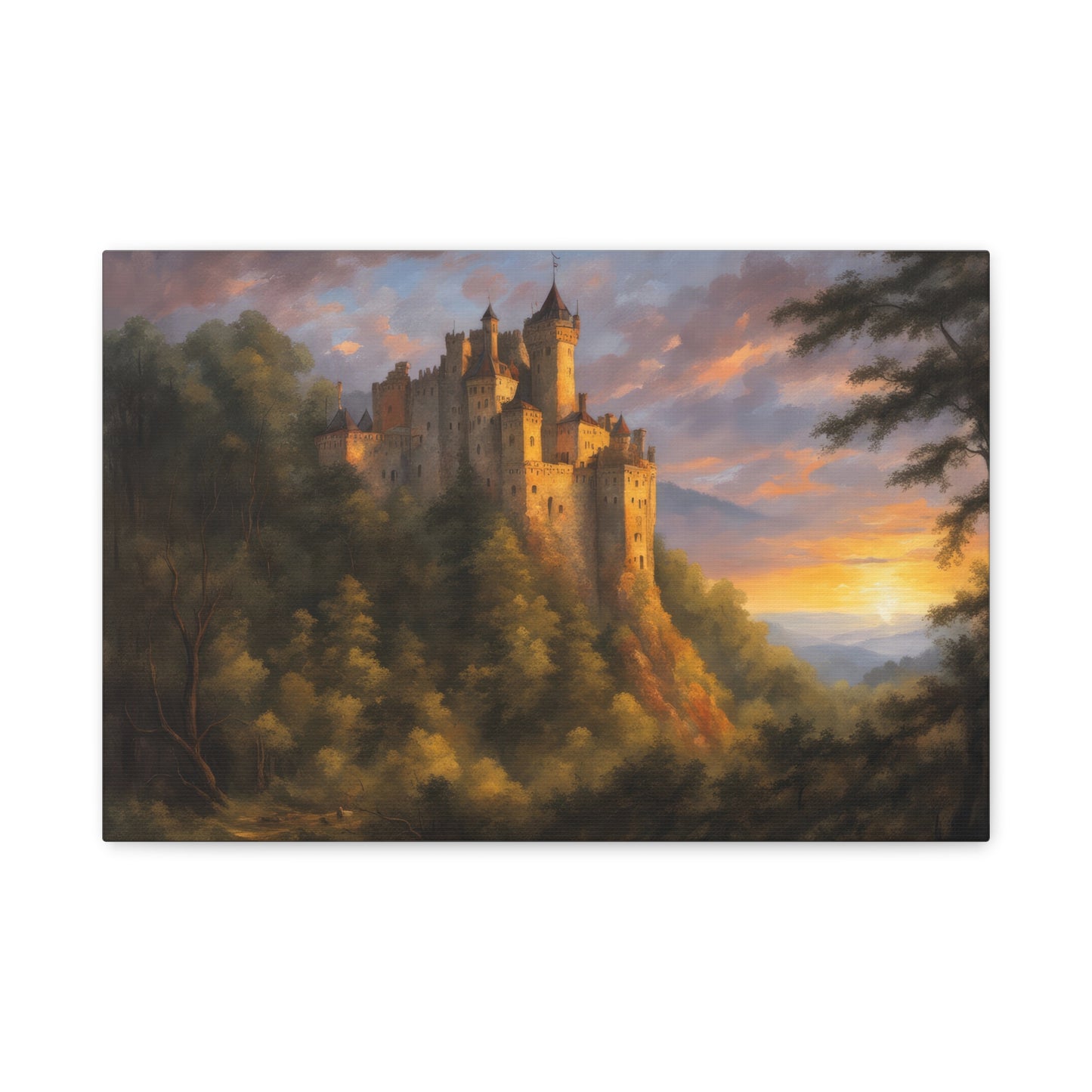 Castle in A Forest at Sunset Painting Canvas Print