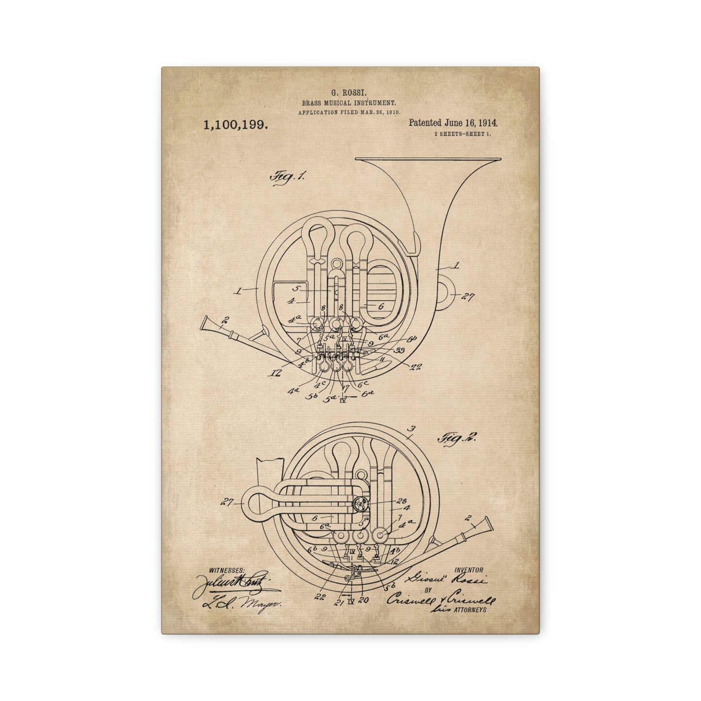 French Horn Musical Instrument Patent Art Canvas Print