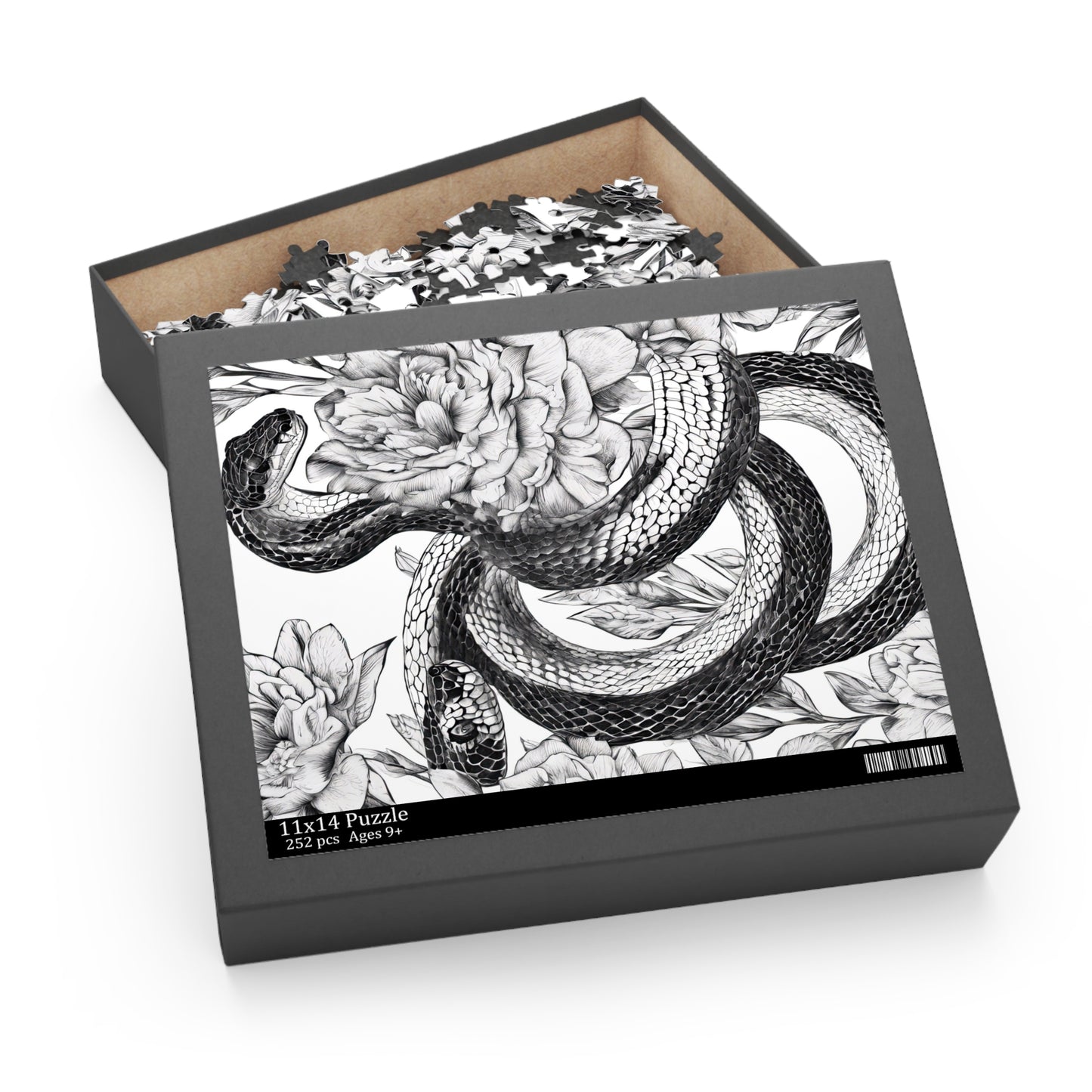Snake Drawing with Floral Background Black and White Jigsaw Puzzle