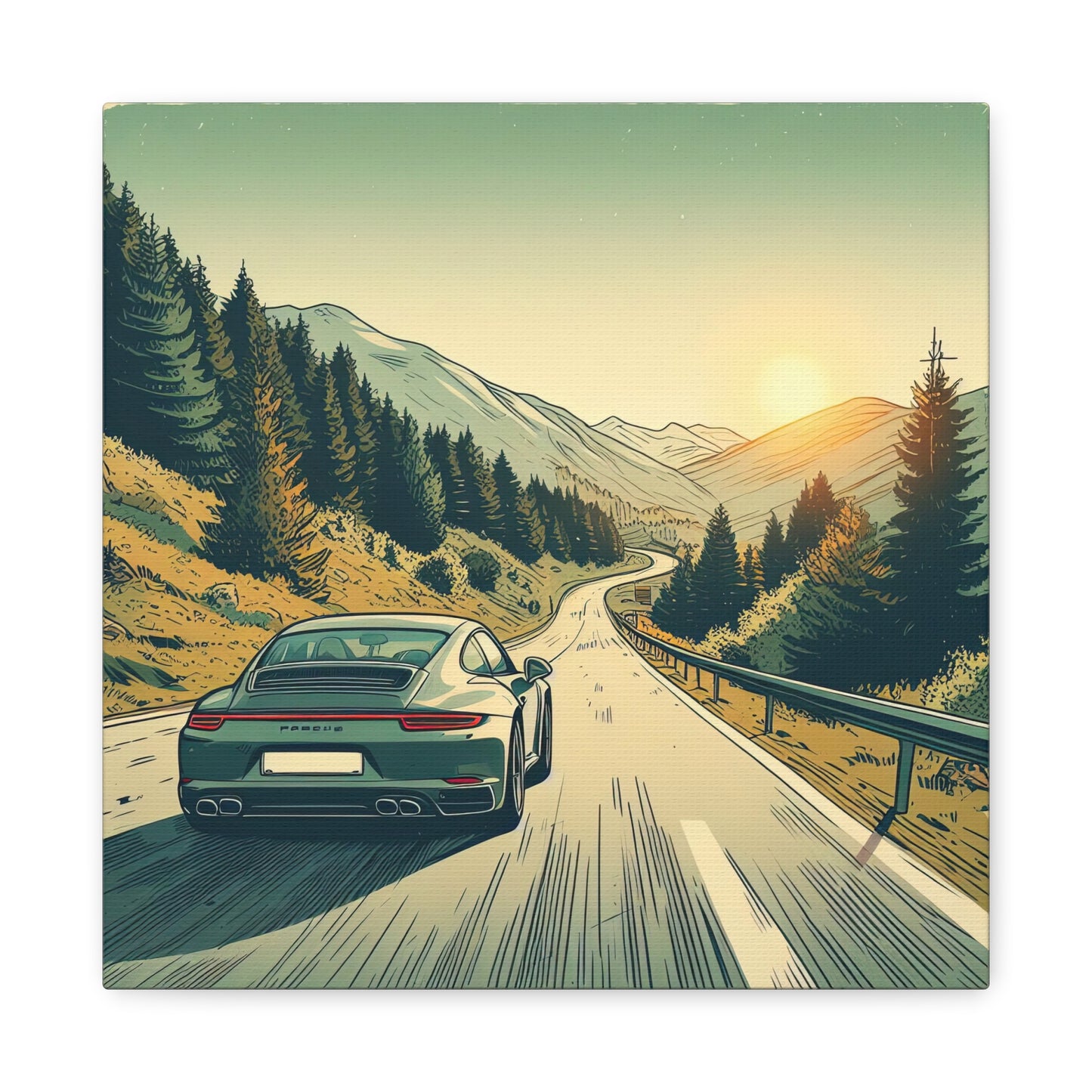 Porsche Driving Down A Mountain Road Illustration II Canvas Print