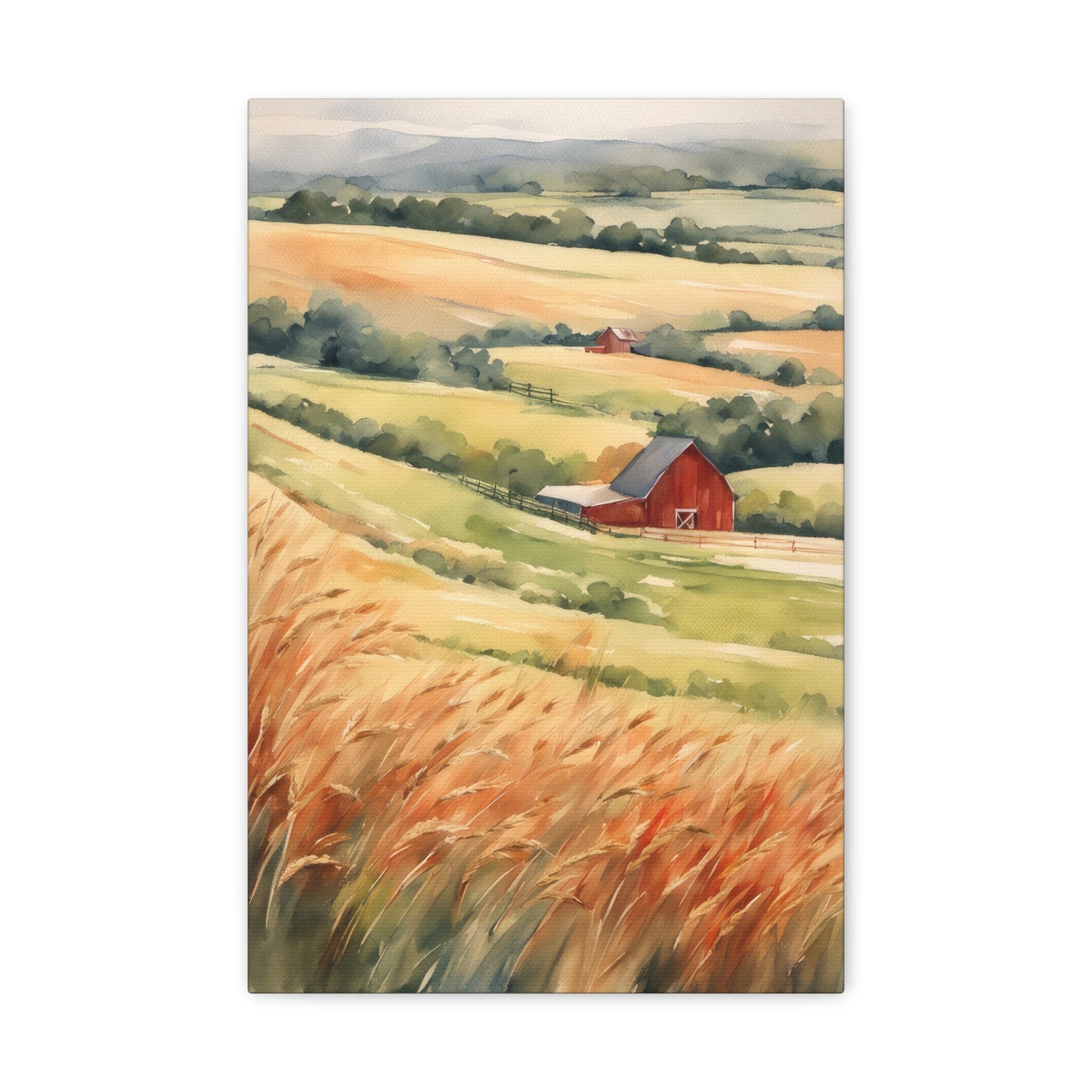 Red Barn on The Prairie Watercolor Painting Canvas Print