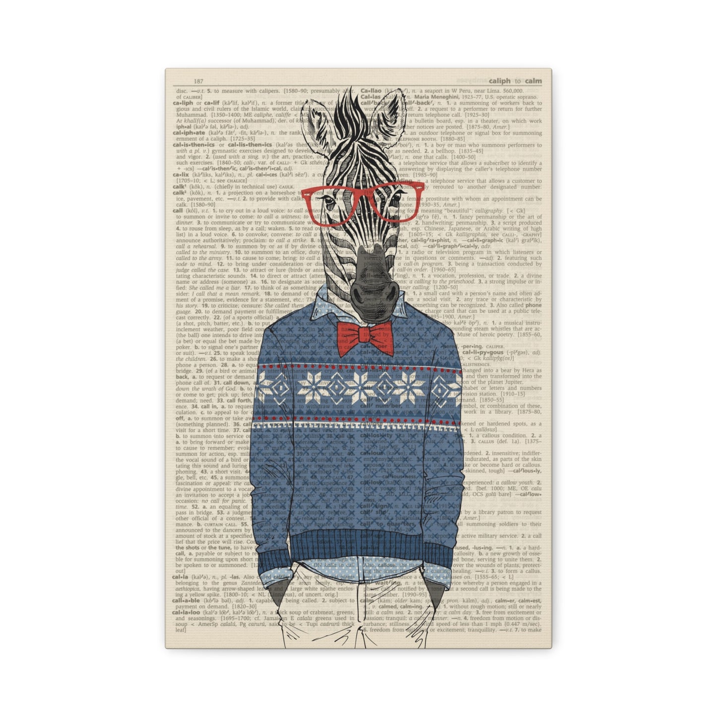 Zebra In A Winter Sweater (dictionary background) Canvas Wall Art