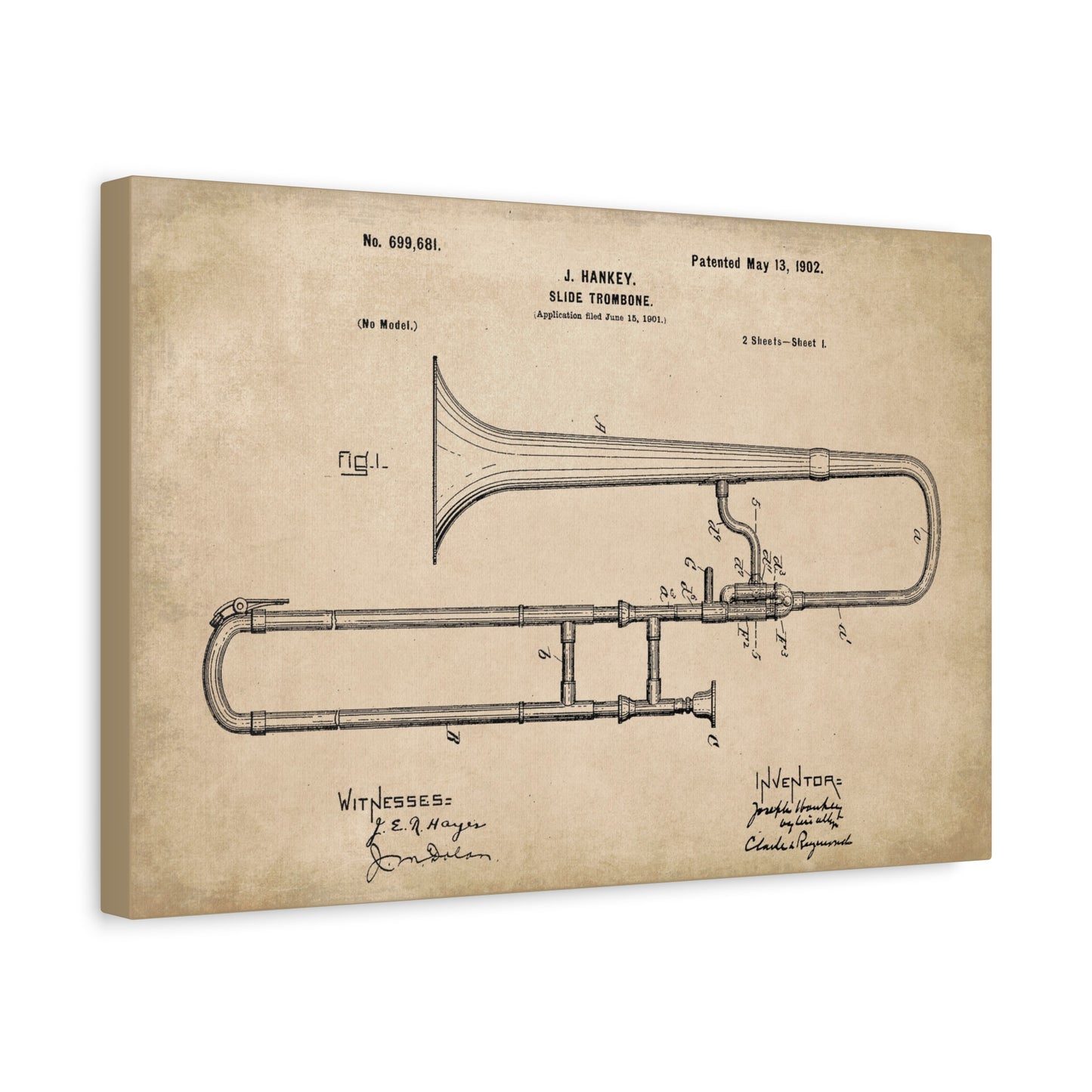 Trombone Musical Instrument Patent Canvas Wall Art