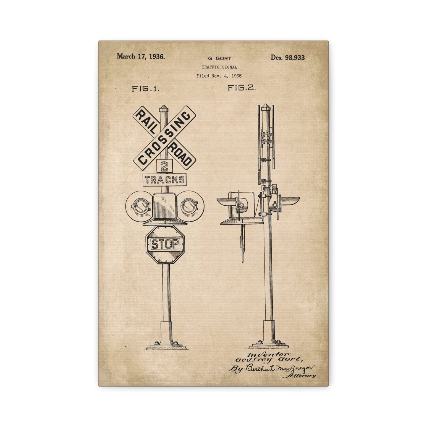 Railroad Crossing Signal Patent Canvas Wall Art