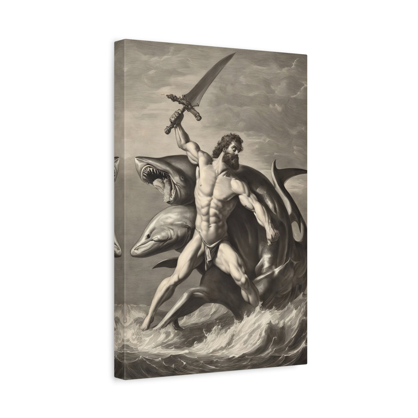 Hercules Fighting A Two Headed Shark Charcoal Drawing Canvas Print