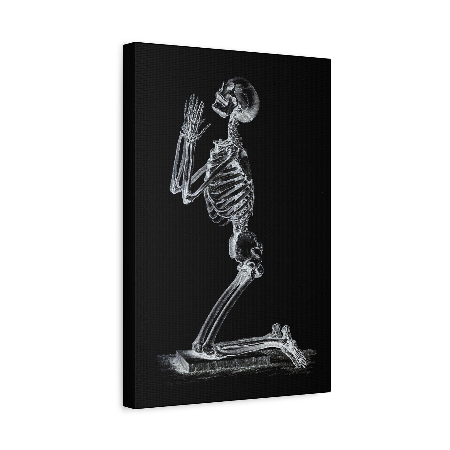 Praying Skeleton On Black Canvas Wall Art