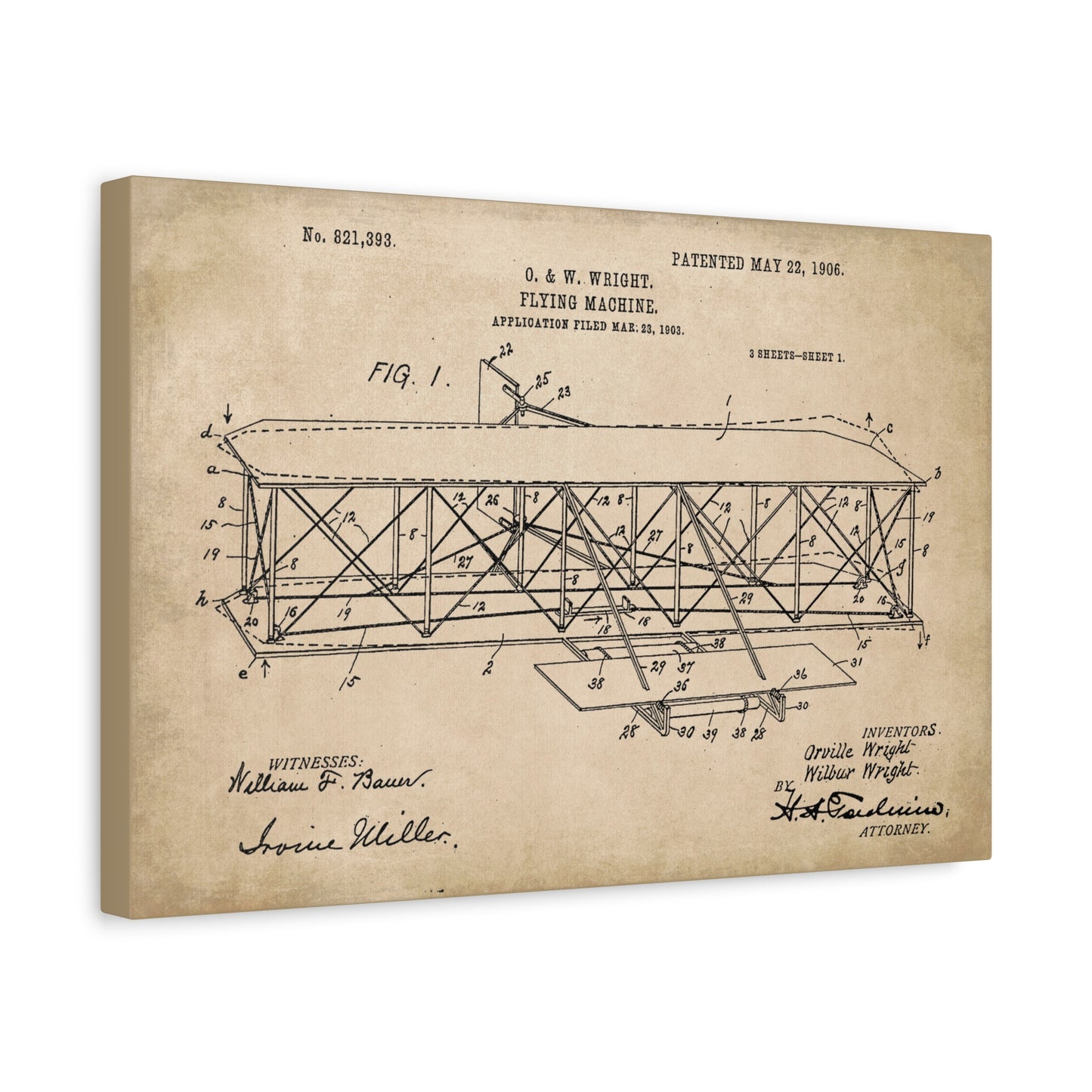Wright Brothers Airplane Patent Canvas Wall Art