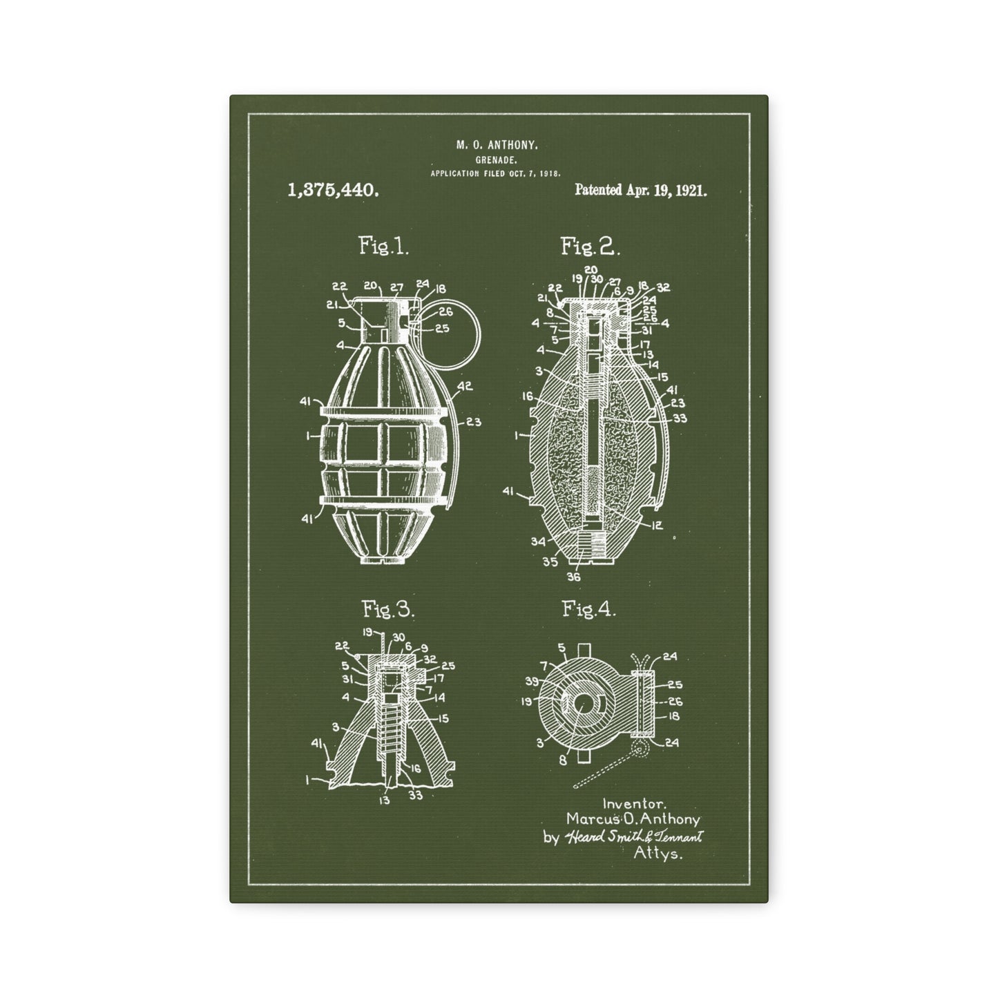 Hand Grenade Invention Patent Art Canvas Wall Art
