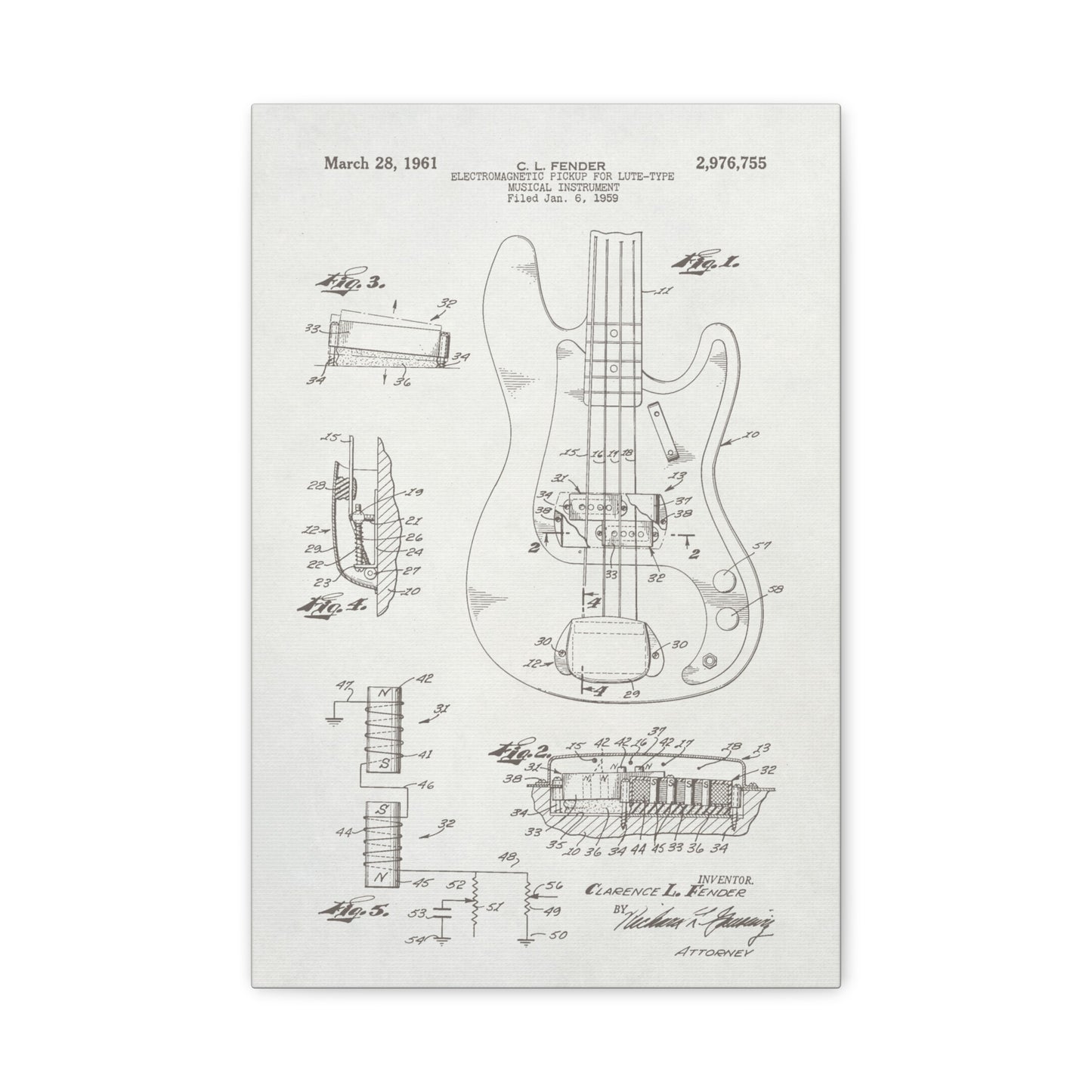 Fender Bass Guitar Patent Art Canvas Print