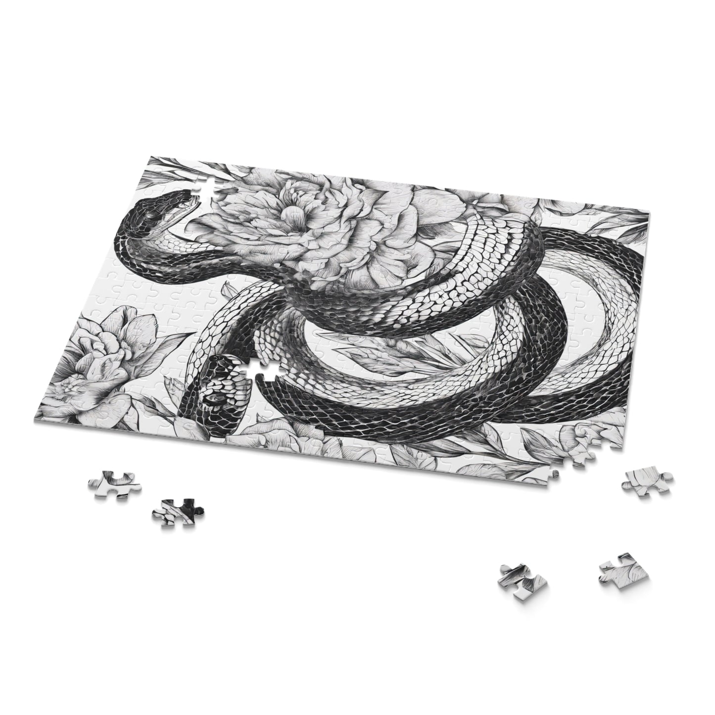 Snake Drawing with Floral Background Black and White Jigsaw Puzzle