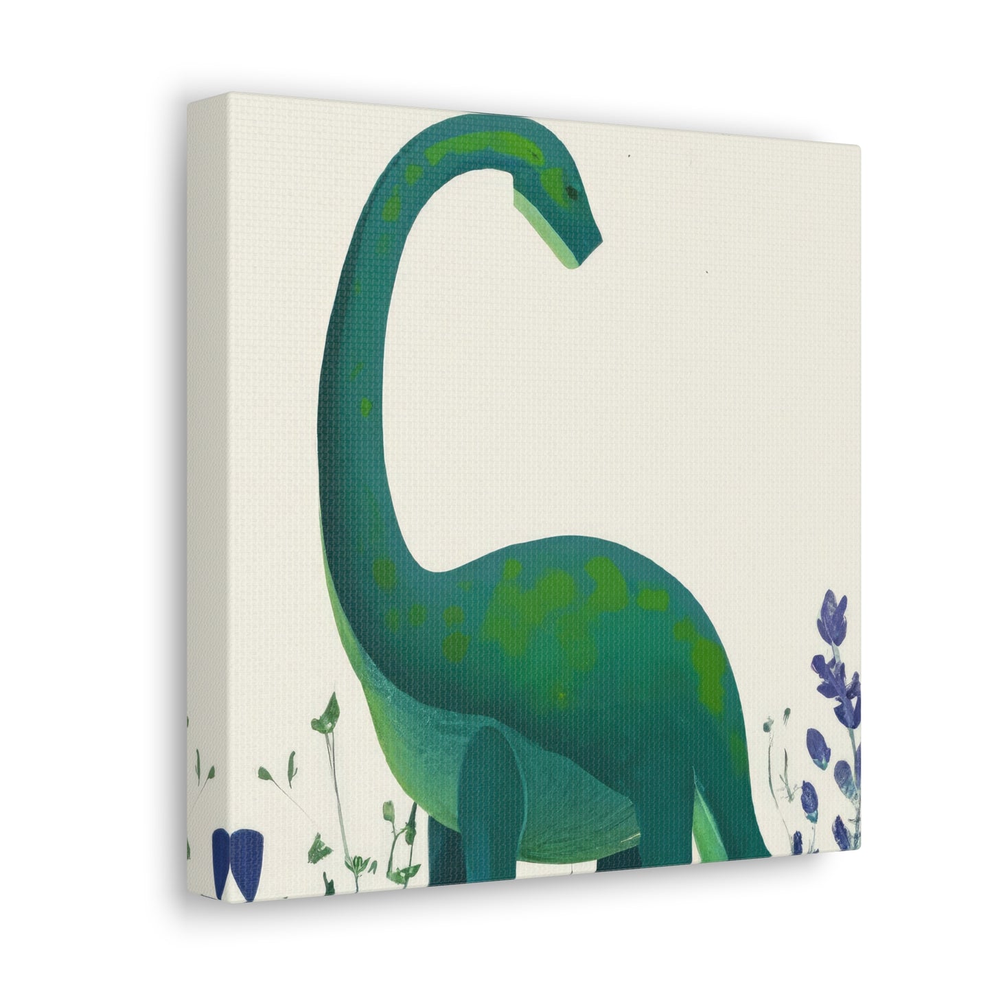 Green Dinosaur with Purple Flowers Painting Canvas Print