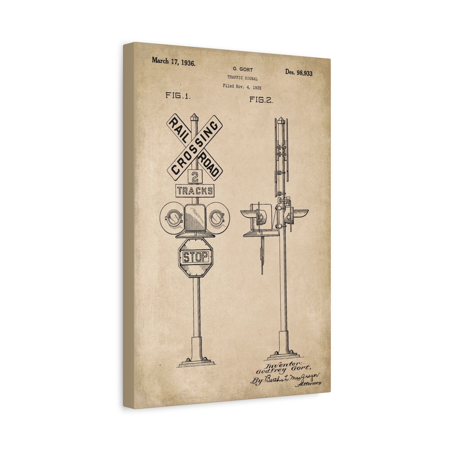 Railroad Crossing Signal Patent Canvas Wall Art