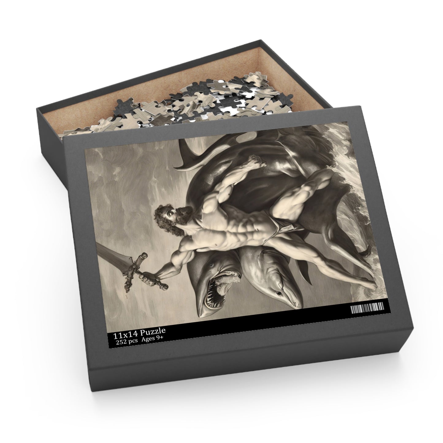 Hercules Fighting A Two Headed Shark Charcoal Drawing Jigsaw Puzzle