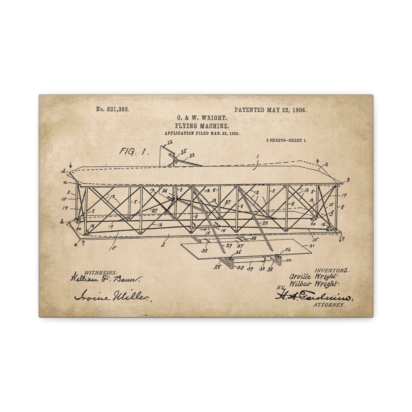 Wright Brothers Airplane Patent Canvas Wall Art