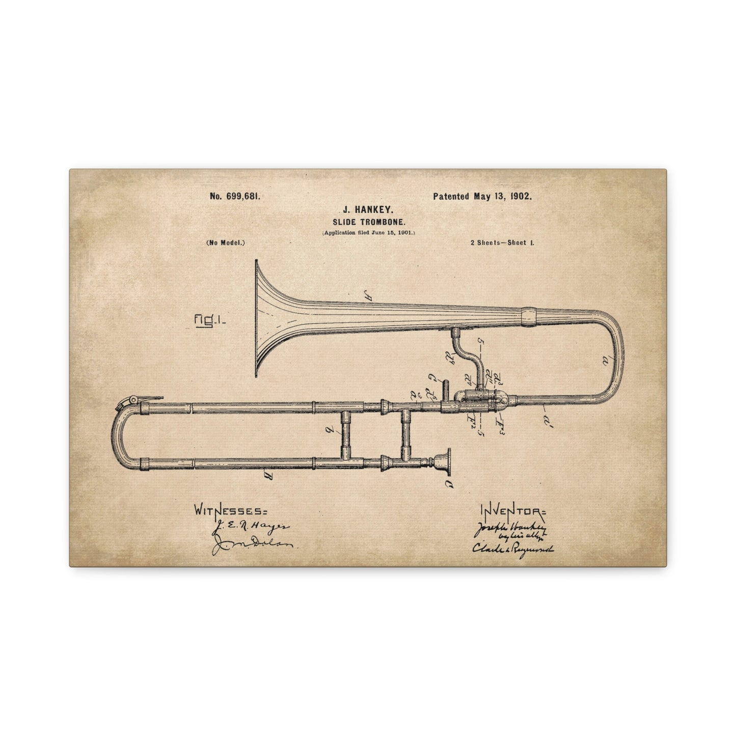 Trombone Musical Instrument Patent Canvas Wall Art