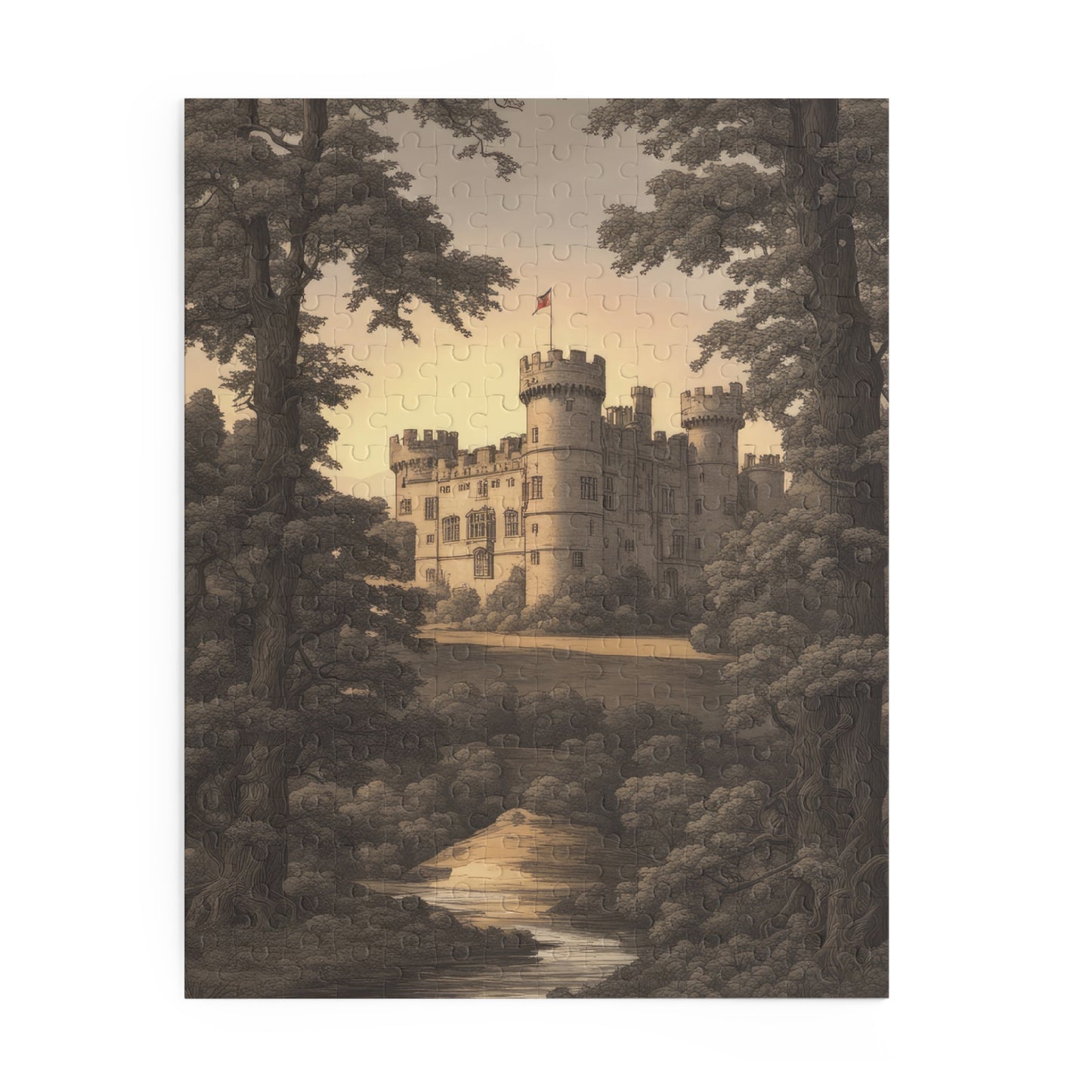 Warwick Castle in A Forest at Sunset Baroque Style Jigsaw Puzzle