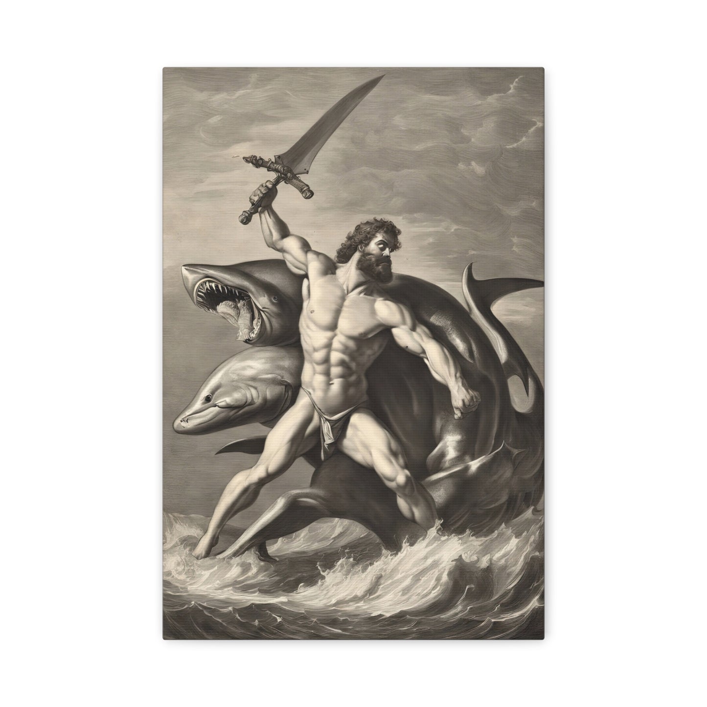 Hercules Fighting A Two Headed Shark Charcoal Drawing Canvas Print