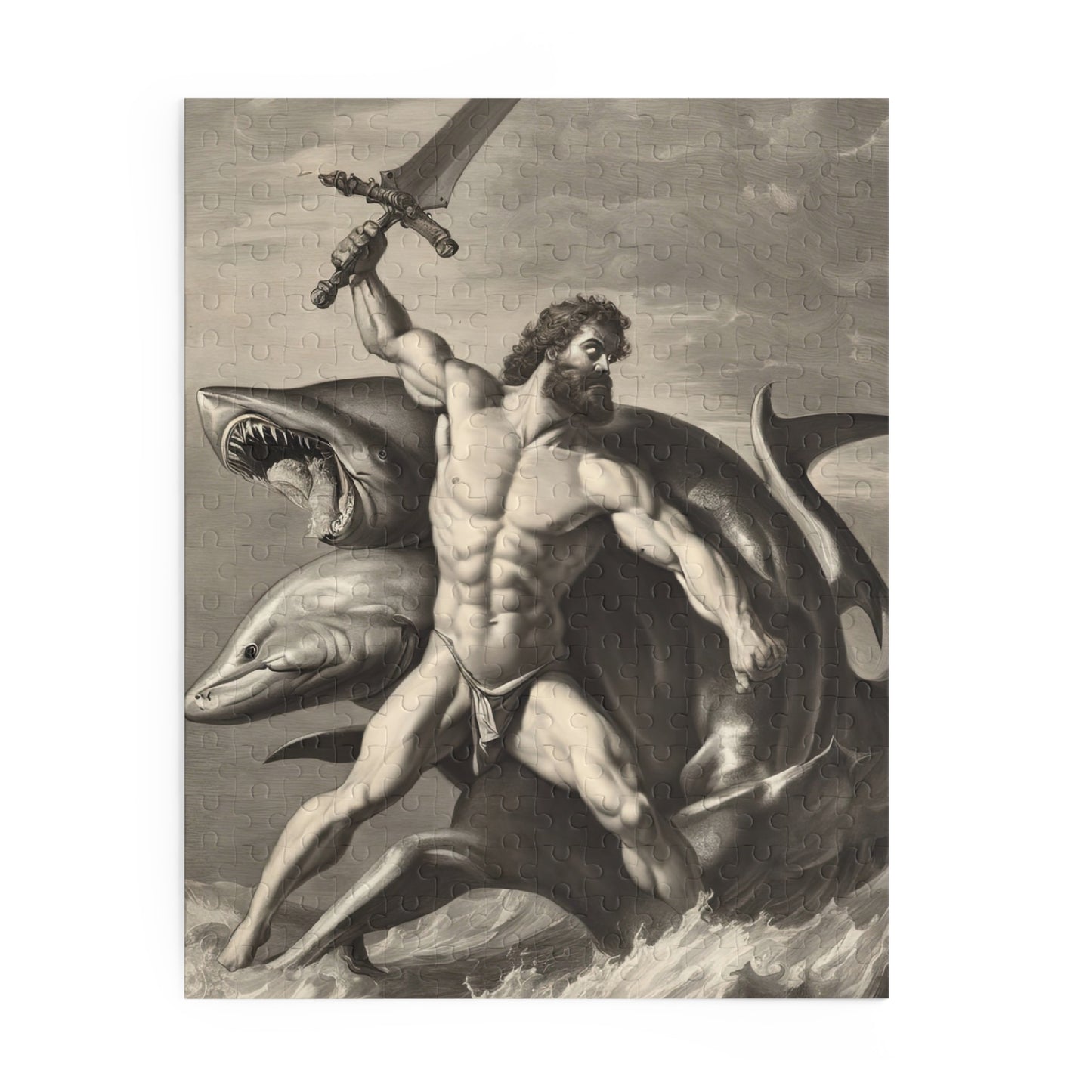 Hercules Fighting A Two Headed Shark Charcoal Drawing Jigsaw Puzzle