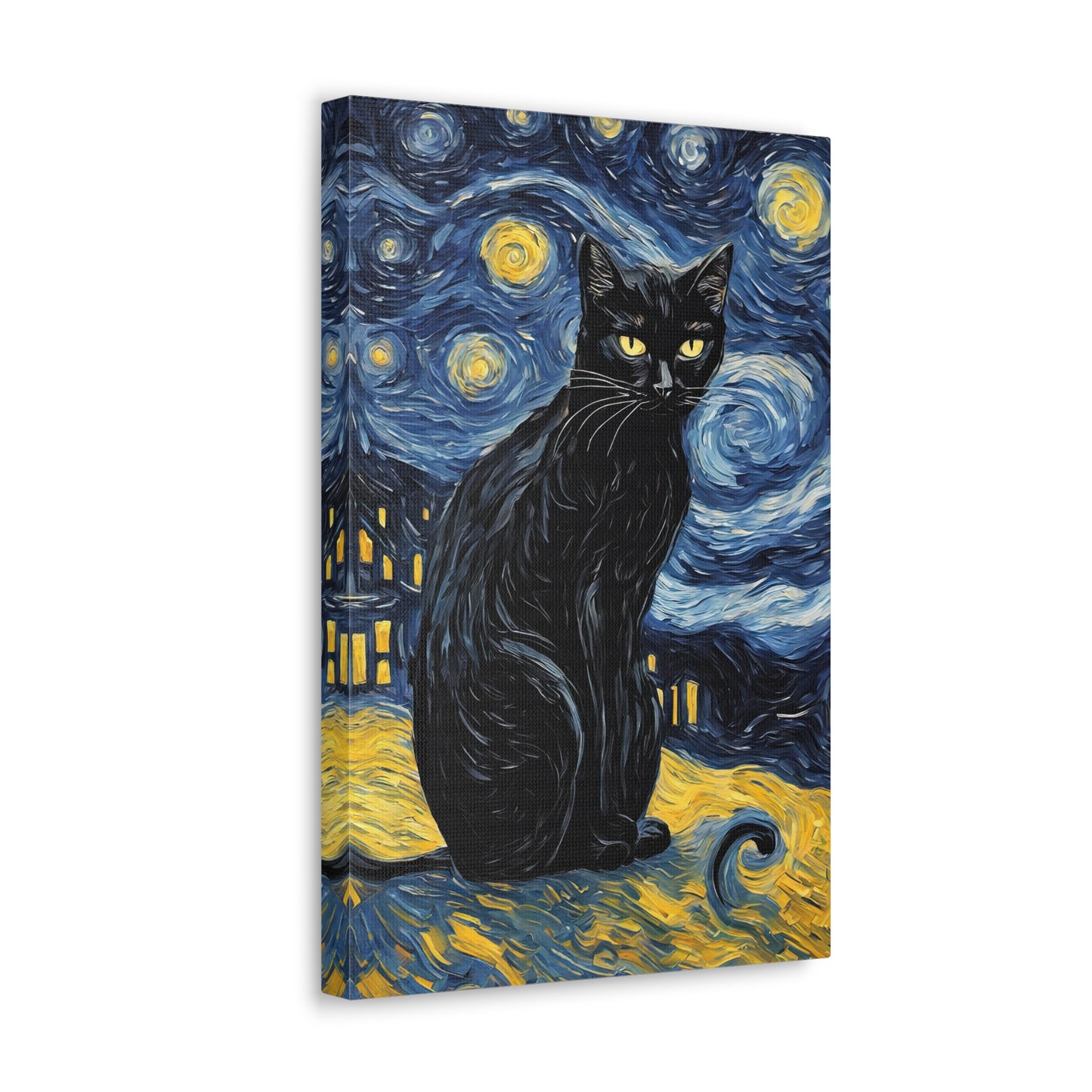 Black Cat on A Starry Night Painting Canvas Print