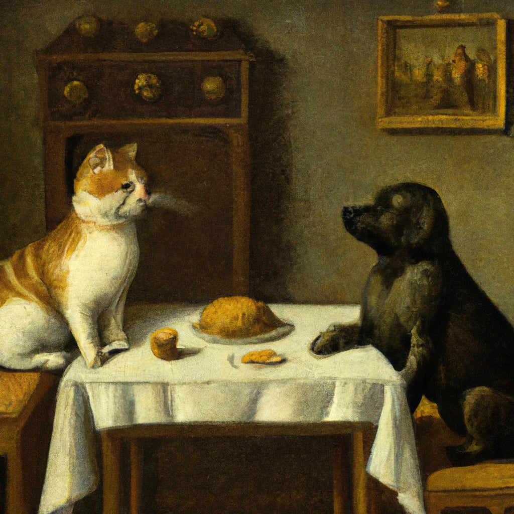 Cat and Dog Sitting at A Table Eating Bread Painting Art Print
