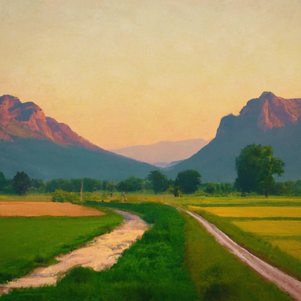Two Mountains at Sunrise With A River and Rice Field Painting I Art Print