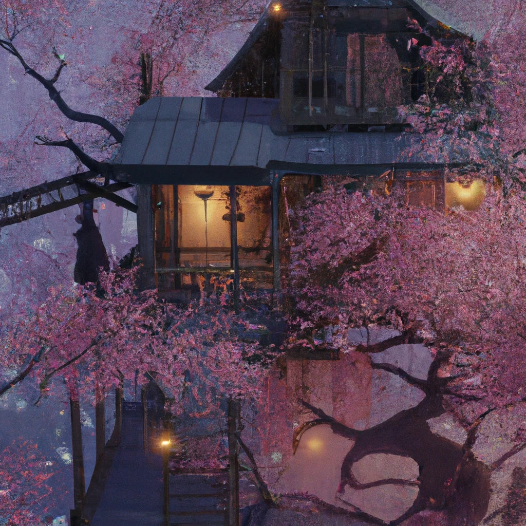 Cherry Blossom Tree House Painting Art Print